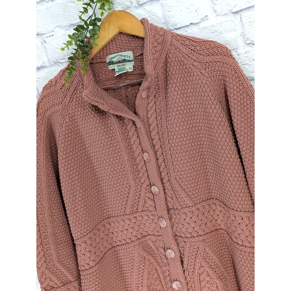 2XL🌿Aran Crafts Ireland 100% Merino Wool Cable Knit Open Front Cardigan Sweater
